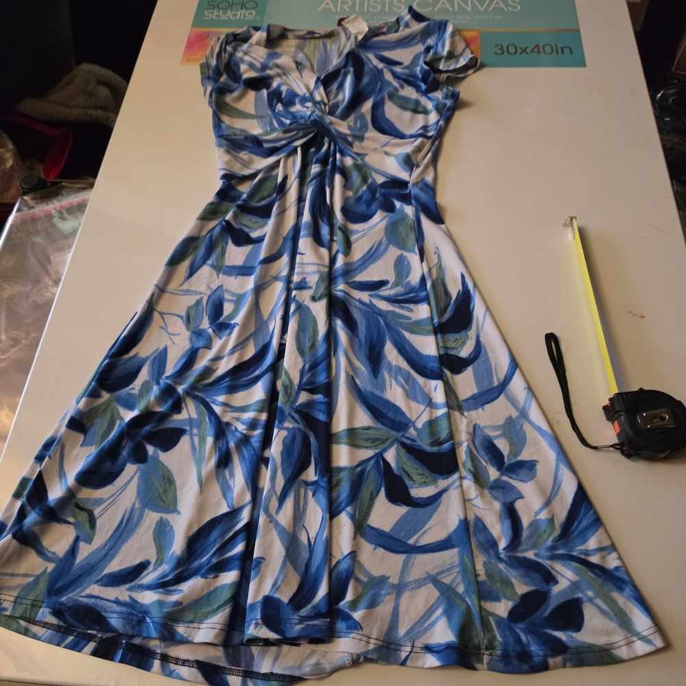 Moci by Purple Rain Blue Tropical Leaf Twist Front A-Line Dress Small 1337-C